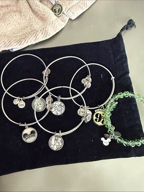 Alex and Ani Silver Charm Bangle Set with Green Beaded Bracelet all Disney set 6